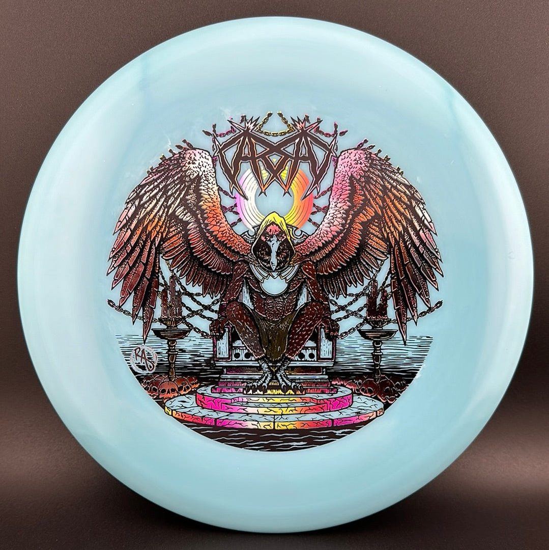 ESP Glo Buzzz disc golf disc by Rare Air Discs featuring Karudi the Overseer design on a vibrant glow finish.