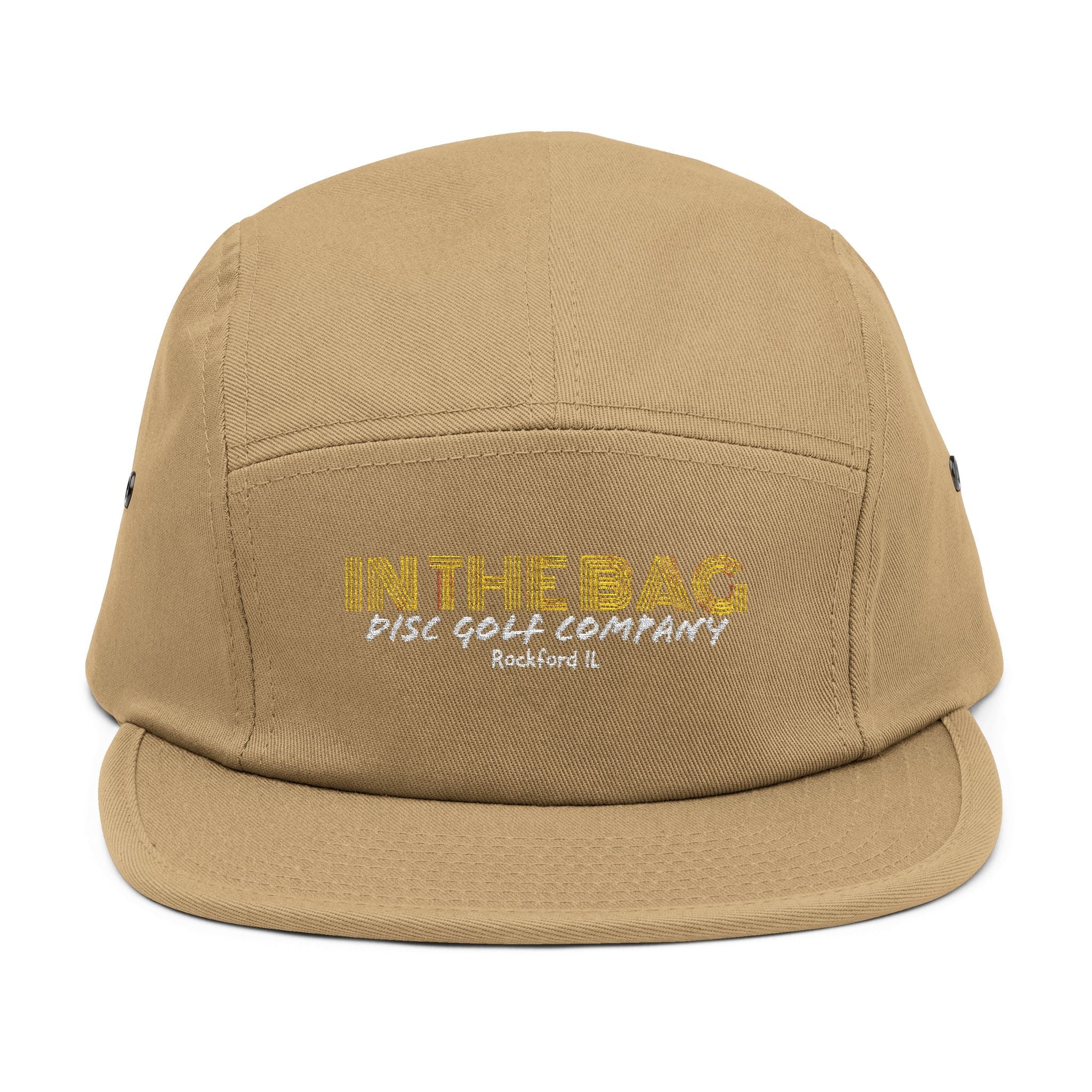 Embroidered 5-panel cap by In The Bag Disc Golf Company featuring a classic hat design with logo detail.