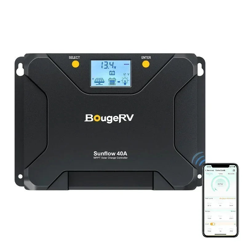 Green Vista Living BougeRV 12V 400W Rigid Solar Kit with multiple solar panels installed outdoors on a sunny day