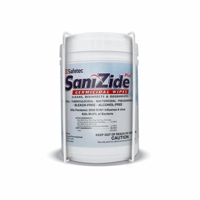 SaniZide Plus® surface disinfectant wipes in a 160-count canister for effective first aid supplies.