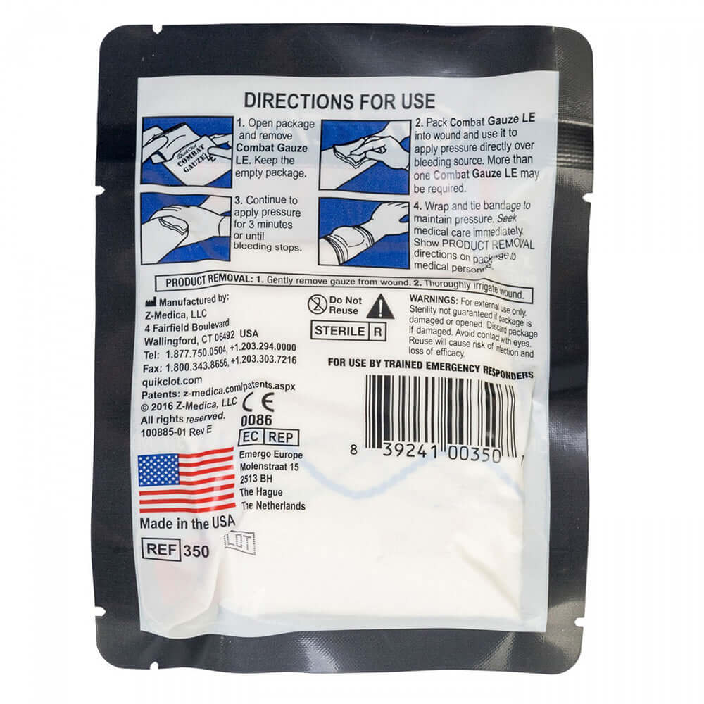 Z-fold QuikClot Combat Gauze for bleeding management, designed for law enforcement use, with sterile, rapid-healing properties