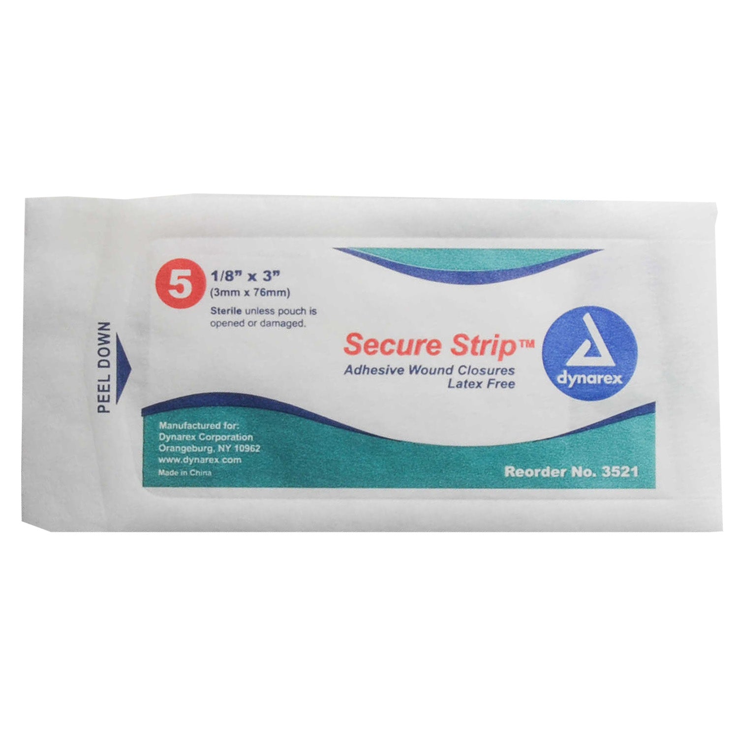 SecureStrip adhesive wound closures in a pouch, 1/8" x 3" size, used for minor cuts and injuries.