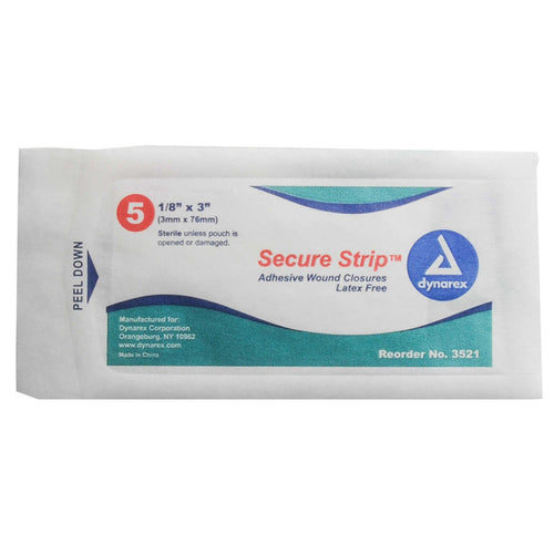 SecureStrip adhesive wound closures in a pouch, 1/8" x 3" size, used for minor cuts and injuries.
