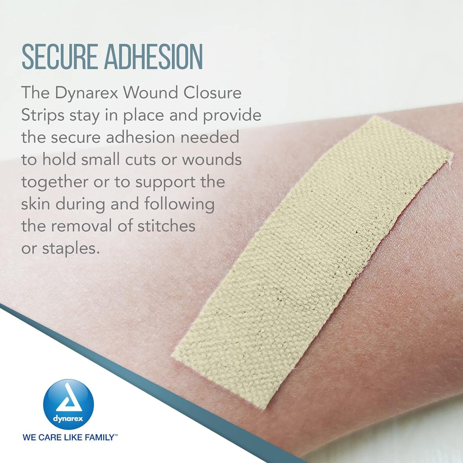 SecureStrip adhesive wound closures, 1/4"x1-1/2" size, shown in a pouch, used for secure, sterile wound wrapping and bandaging.