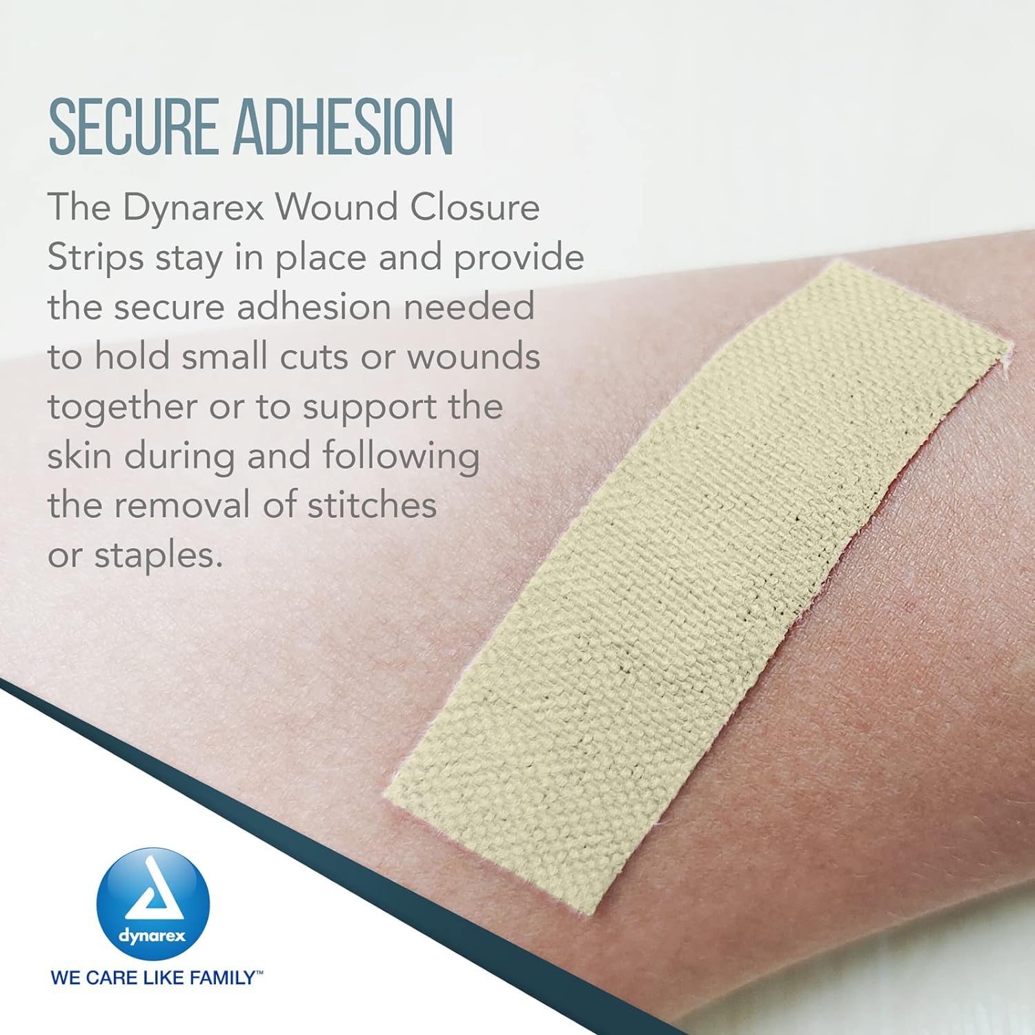 SecureStrip adhesive wound closures in a pouch, 1/4" x 4" size, designed for wound wrapping and bandaging.
