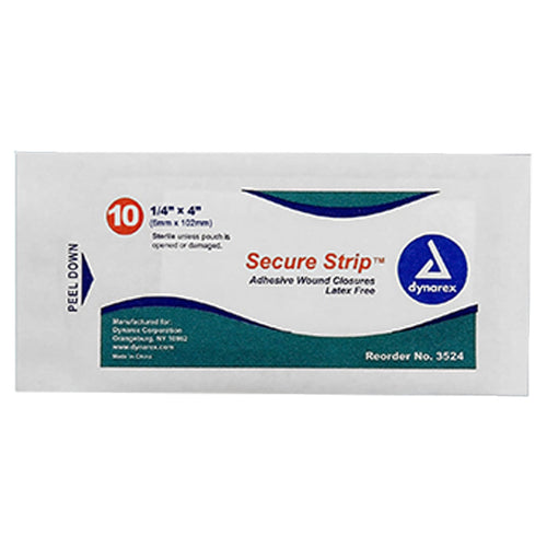 SecureStrip adhesive wound closures by quakekits.com, 1/4" x 4" wraps and bandages for minor wound protection, 10 per pouch