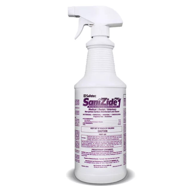 SaniZide Pro 1® 32oz surface disinfectant spray bottle with clear label and spray nozzle on a white background.