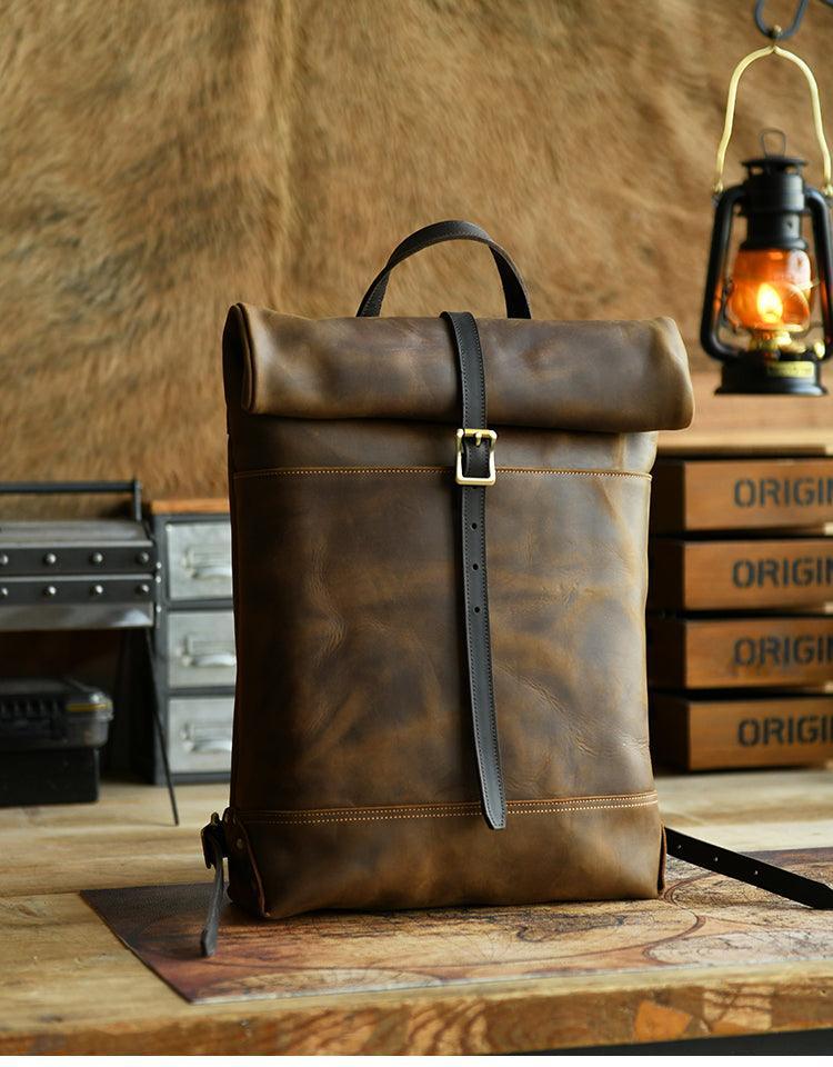 Vintage Filed Leather™ Crazy Horse cowhide backpack with roll-top design, ideal for motorcycle enthusiasts by Bean's Moto Booth
