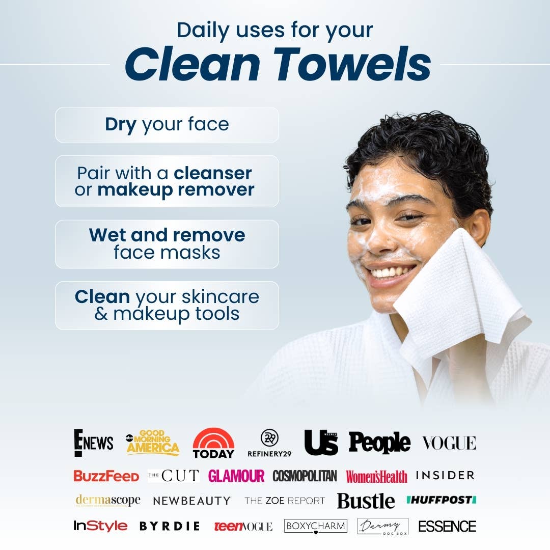 Alpenglow Clean Towels XL™ disposable face towels in a pack of 10, featuring soft and absorbent white fabric.