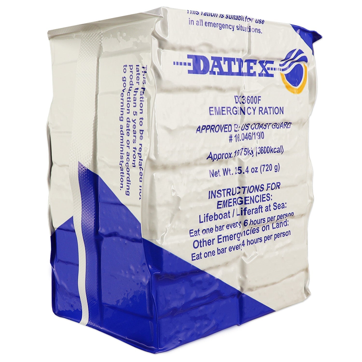 Datrex 3600-calorie emergency food bars for survival, displayed with water bottles, designed for disaster preparedness.