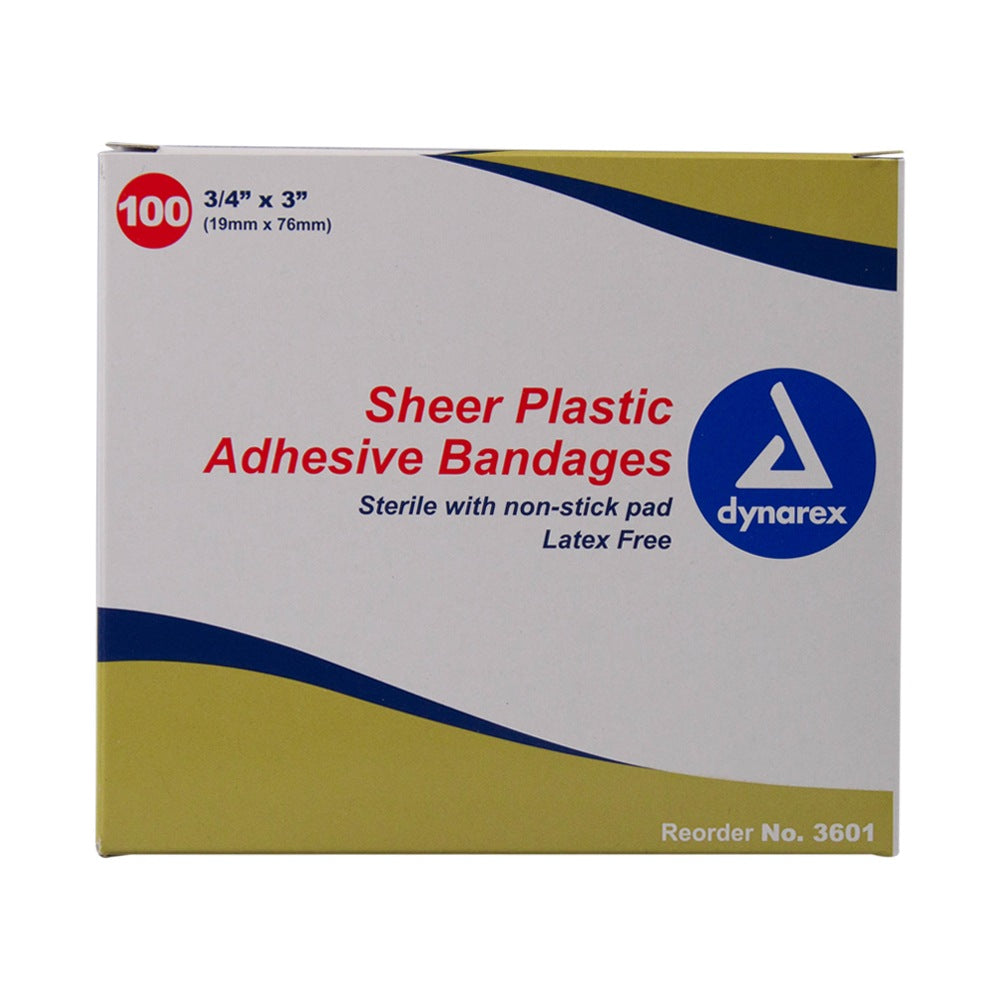 Sterile sheer plastic adhesive bandages by quakekits.com, 3/4 inch x 3 inches, box of 100 wraps and tapes for wound care.