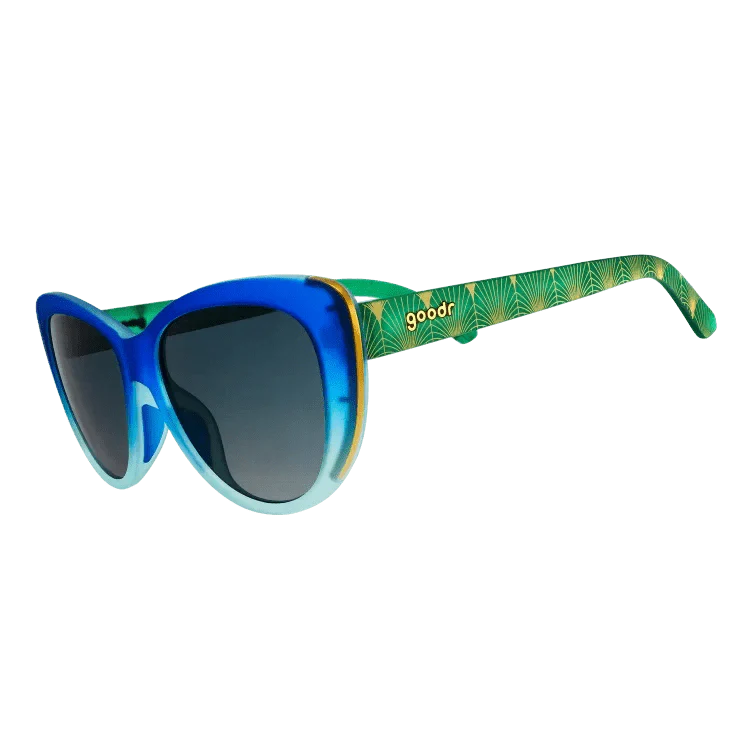 Rhonda's Peacock Palace Glam G polarized sunglasses from Rare Air Discs, featuring vibrant peacock feather design and stylish accessories.
