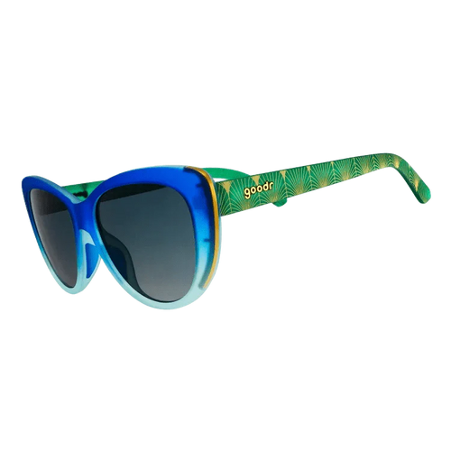 Rhonda's Peacock Palace Glam G polarized sunglasses from Rare Air Discs, featuring vibrant peacock feather design and stylish accessories.