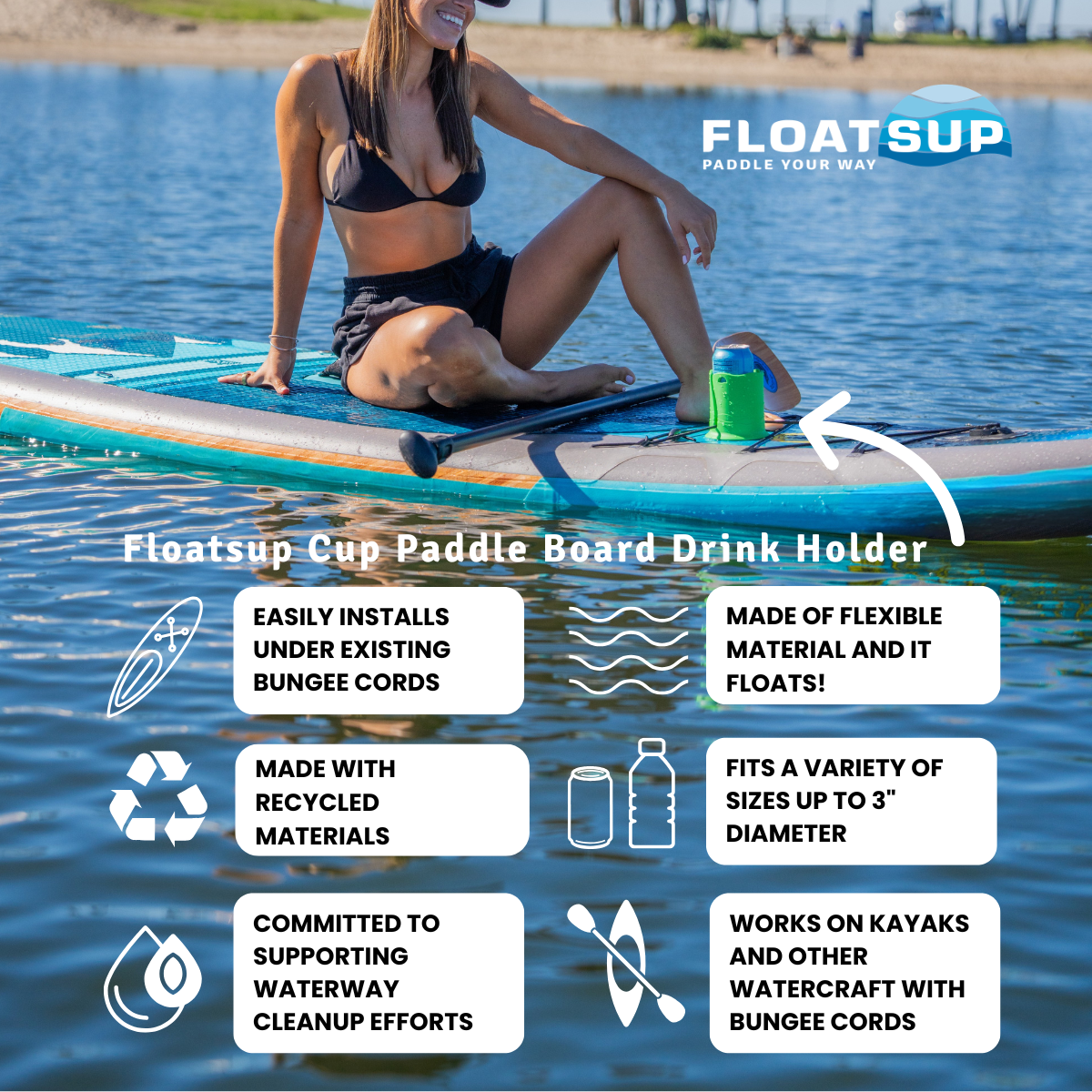 Floatsup® Cup Drink Holder floating in water, perfect for sporting events and outdoor activities, made by Floatsup.