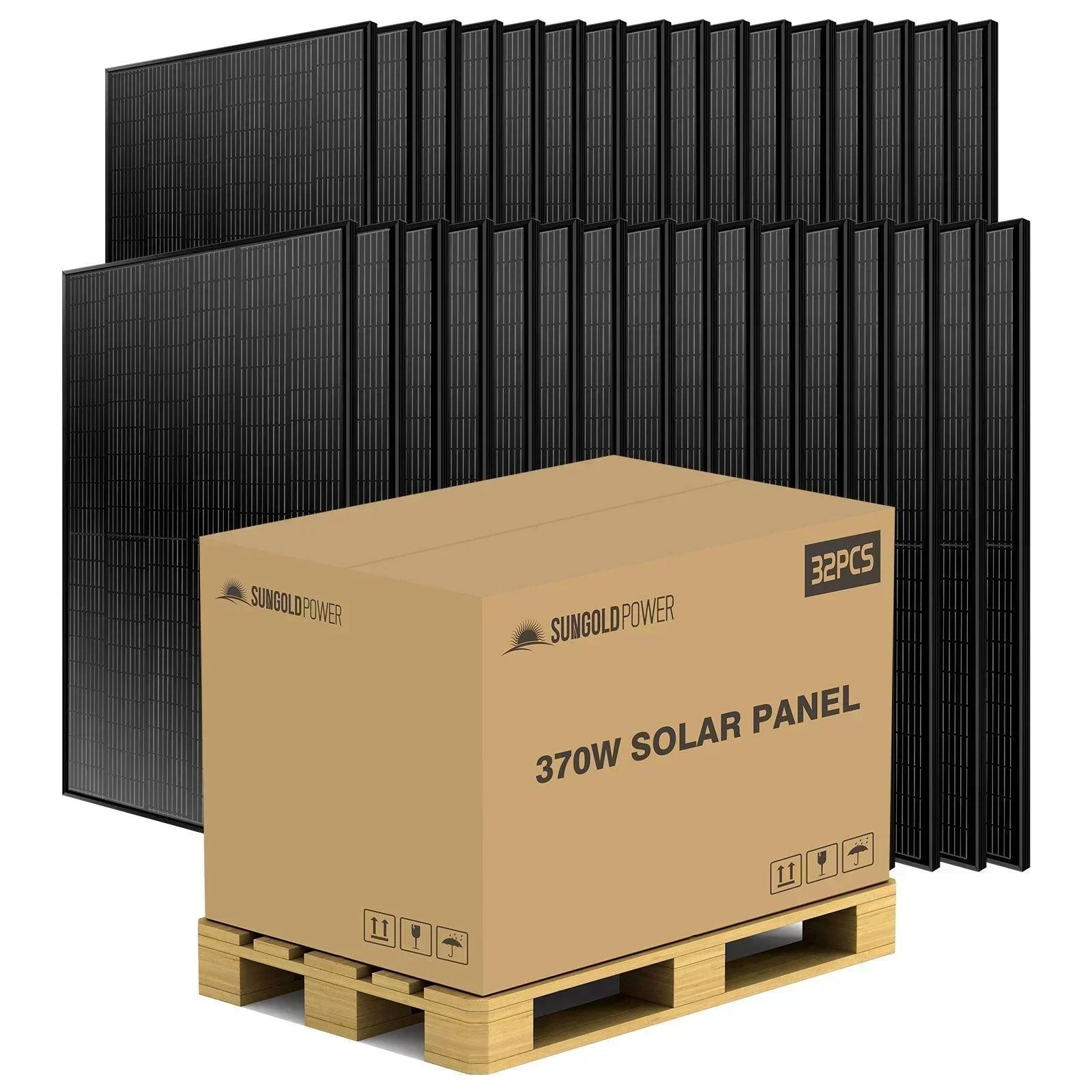 Green Vista Living Sungold Power 370W monocrystalline black PERC solar panel pallet with 32 panels installed outdoors
