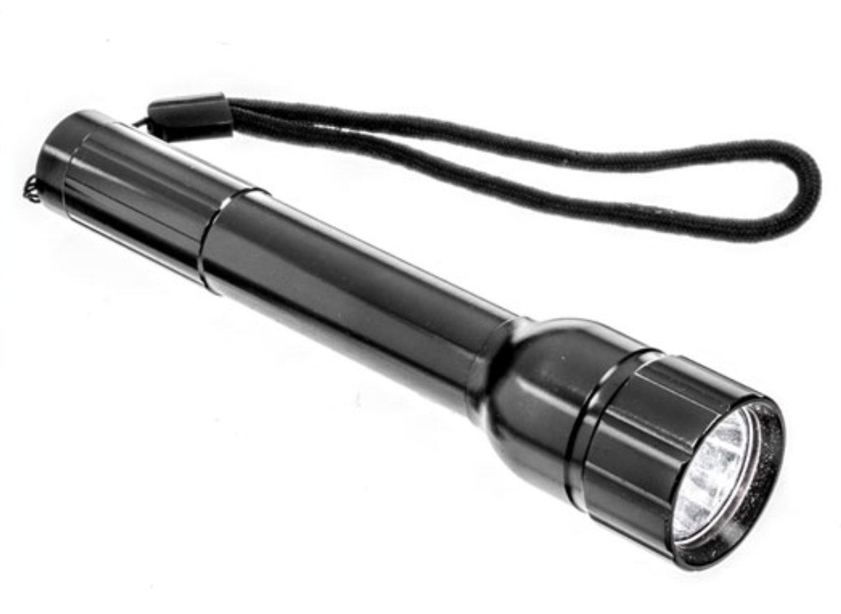 Aluminum LED flashlight with 375 lumens, compact design, suitable for outdoor and emergency use, from Quake Kits.