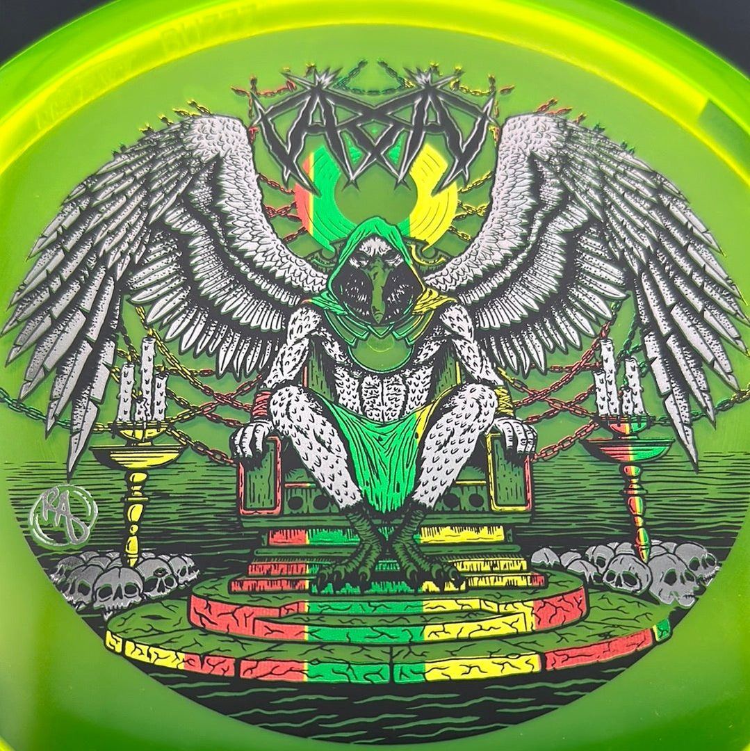 CryZtal Buzzz disc golf disc by Rare Air Discs featuring Karudi the Overseer design, with vibrant colors and detailed artwork.