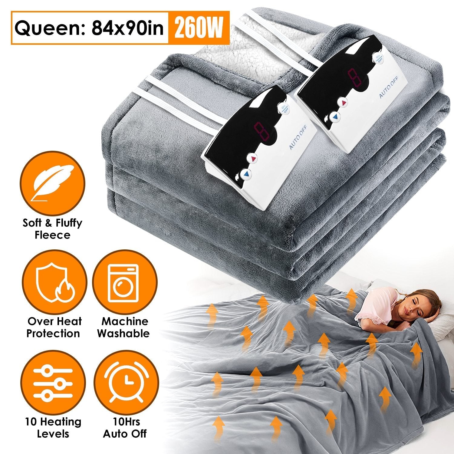Electric Heated Queen Size Fleece Heated Blanket with Dual Controller 10 Heating Levels 10 Hours Auto Off Machine Washable for Home Office Usage 84x90 - OVERLANDERS Outfitter