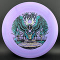 ESP Glo Buzzz disc golf disc by Rare Air Discs featuring Karudi the Overseer artwork, vibrant glow finish, and detailed design.
