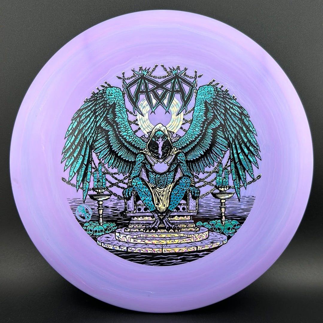 ESP Glo Buzzz disc golf disc by Rare Air Discs featuring Karudi the Overseer artwork, vibrant glow finish, and detailed design.