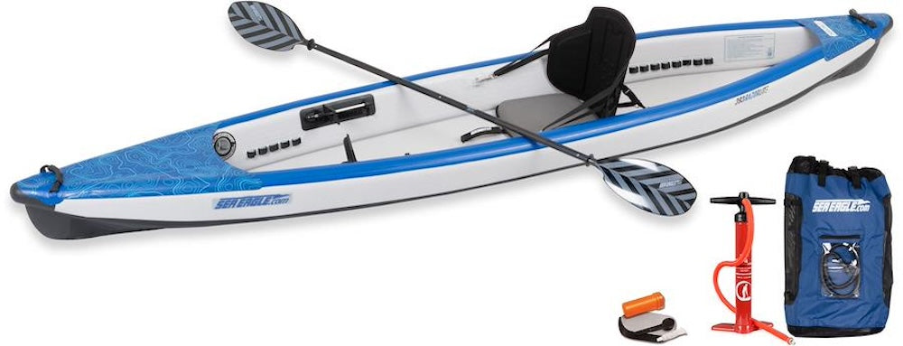 Backcountry Sportsman RazorLite™ inflatable kayak 393rl kayak on water with paddles, showcasing its compact design and durable construction.