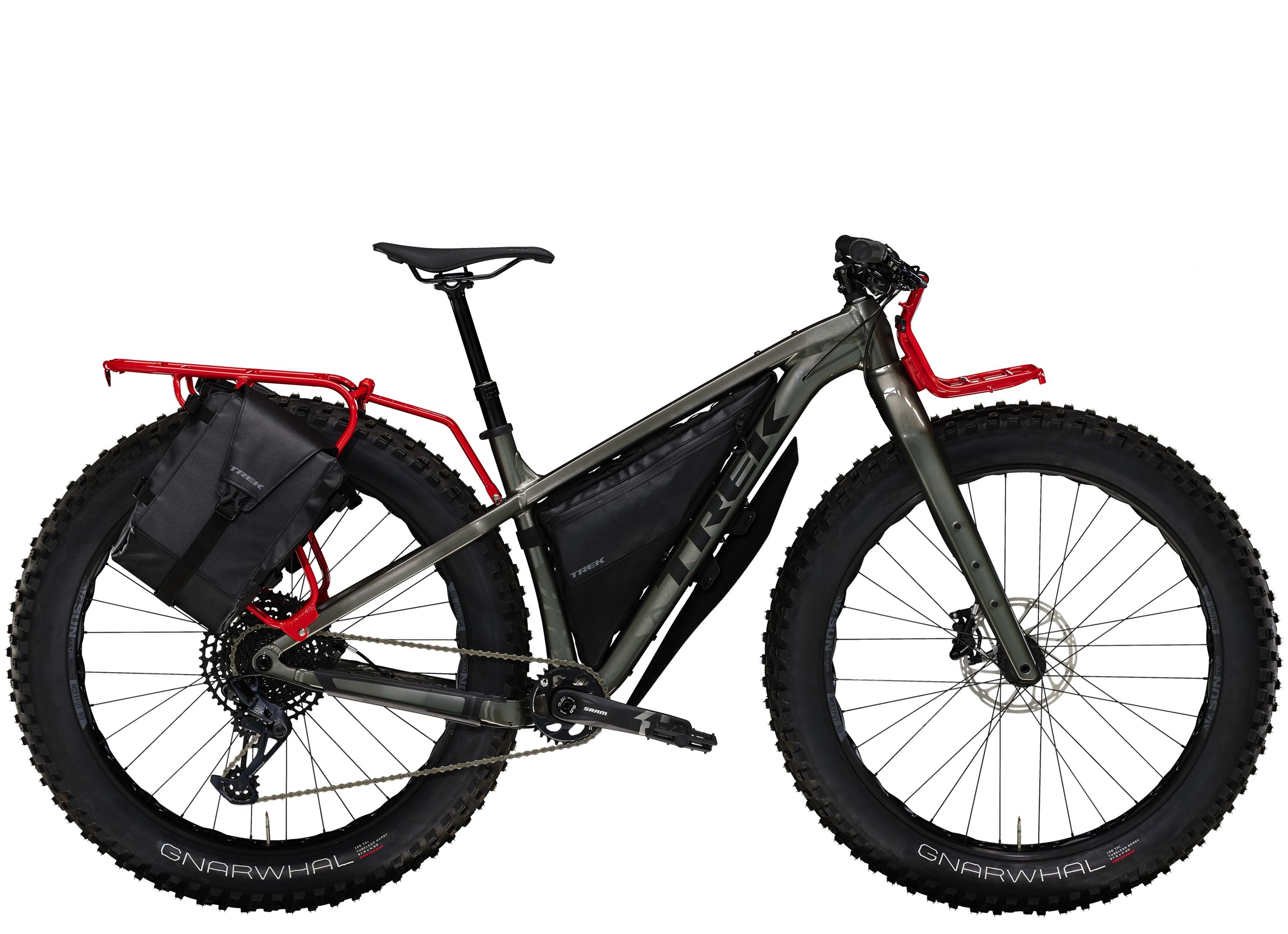 Gio's Outdoors Trek Farley 9 mountain bicycle with black frame, wide tires, and suspension fork for off-road riding