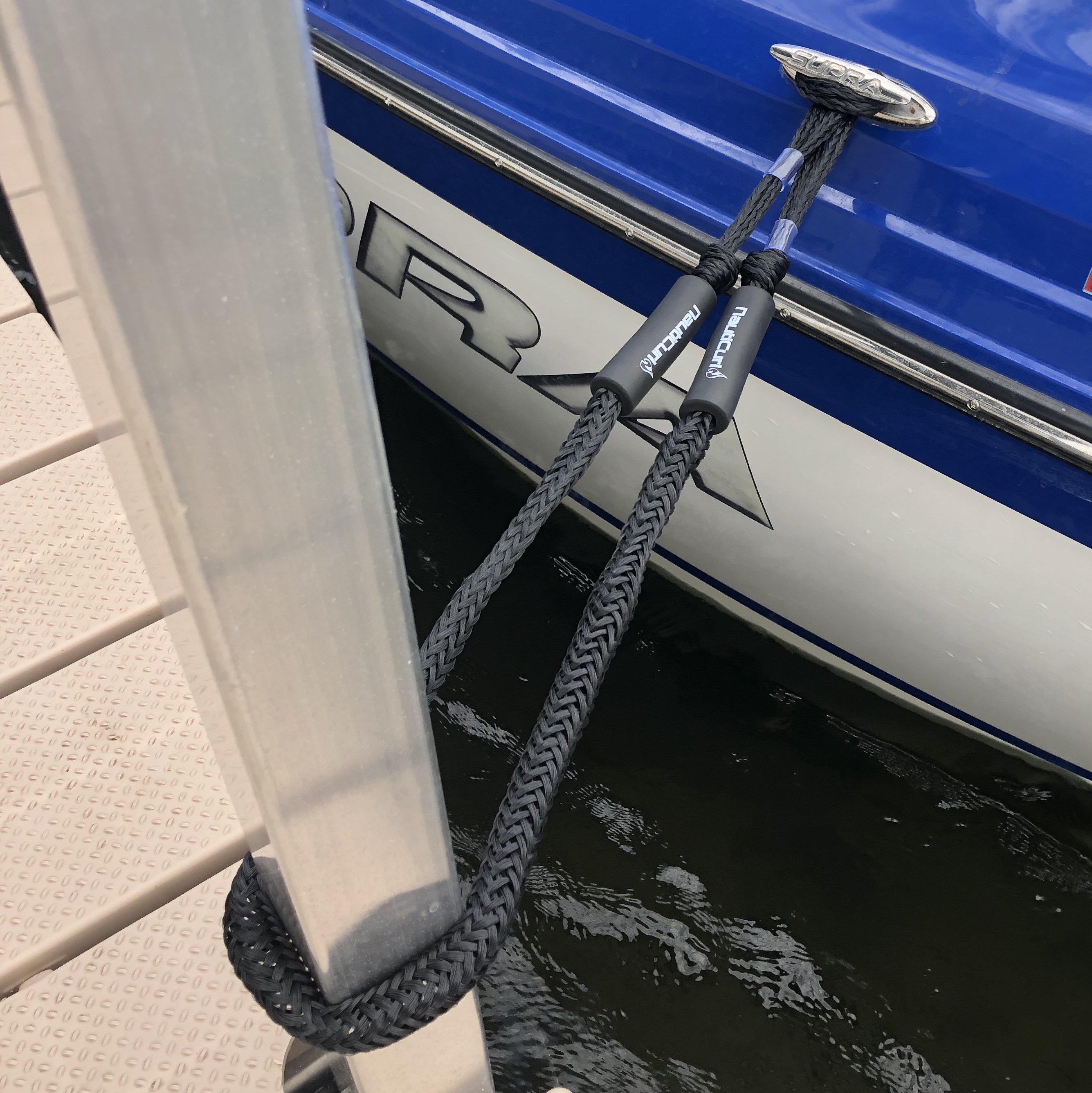 NautiCurl LLC shock-absorbing bungee boat ropes, two durable marine accessories with integrated shock absorption features.