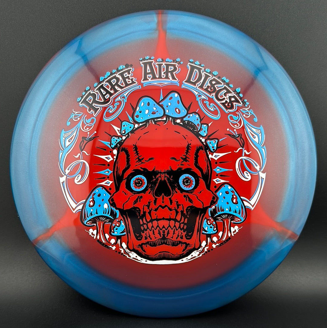 Rare Air Discs Halo S-Blend Conqueror disc golf disc featuring Crushin' Amanitas design and vibrant colors.