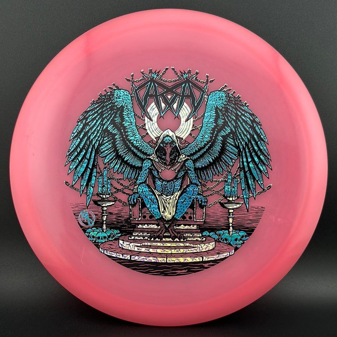 Disc golf disc ESP Glo Buzzz Karudi the Overseer by Ripper Studios, featuring vibrant glow-in-the-dark green and black design.