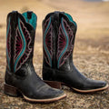 Black Primetime women's cowboy boots by Ariat featuring western style leather and decorative stitching.