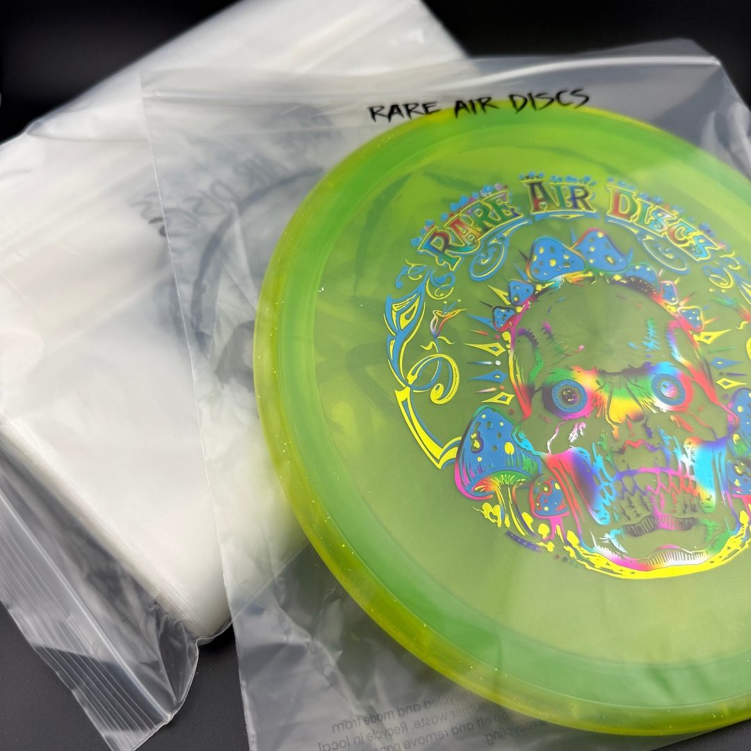 Set of three clear disc storage bags from Rare Air Discs, 9x9 inch, 2mil thick, made from 100% recycled materials, for organizing discs.