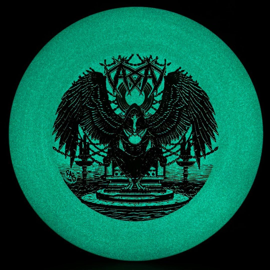 ESP Glo Buzzz disc golf disc by Rare Air Discs featuring Karudi the Overseer design, with a glowing, vibrant appearance.
