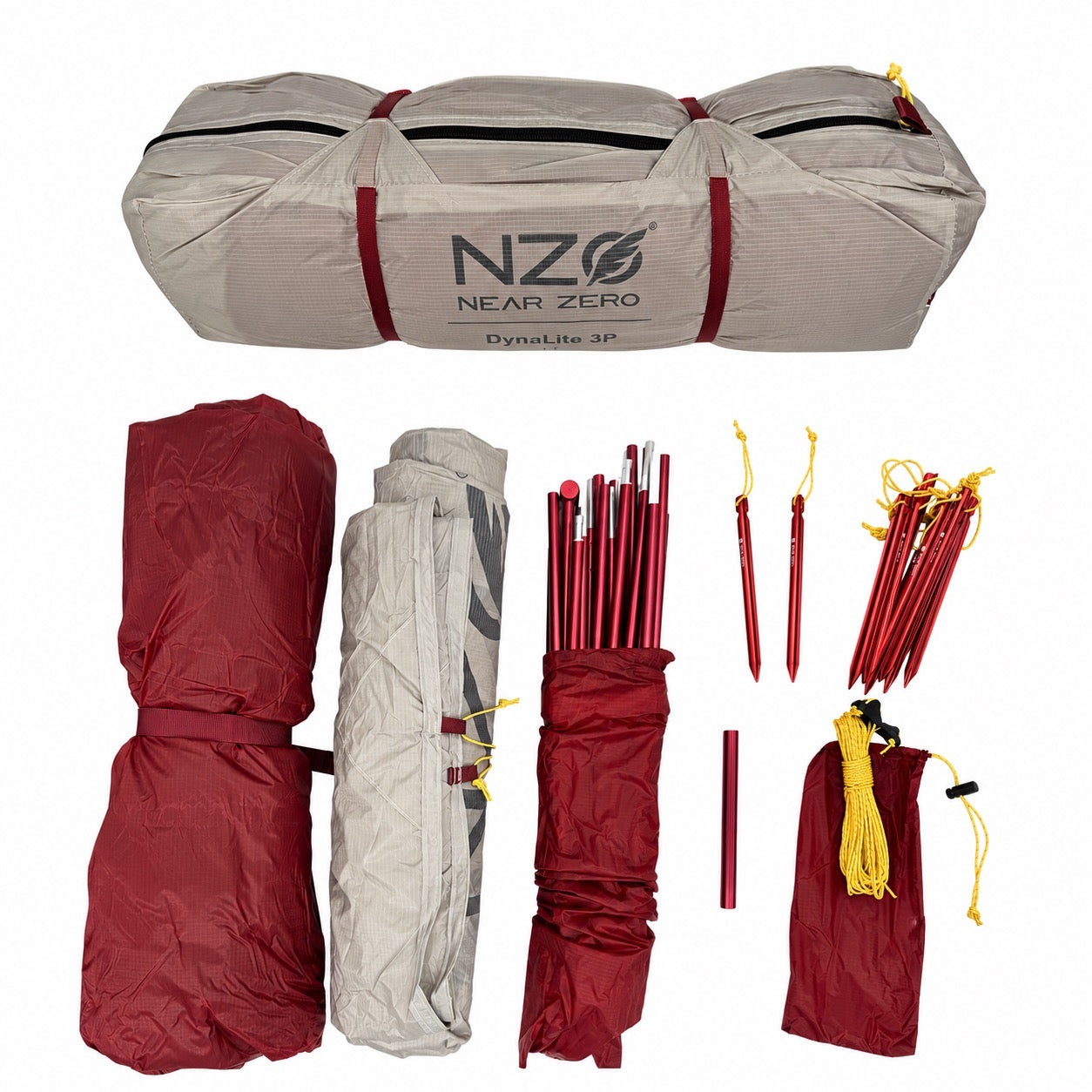 Three Near Zero Outdoor Gear DynaLite tents set up outdoors, showcasing lightweight camping tents in a natural outdoor setting.