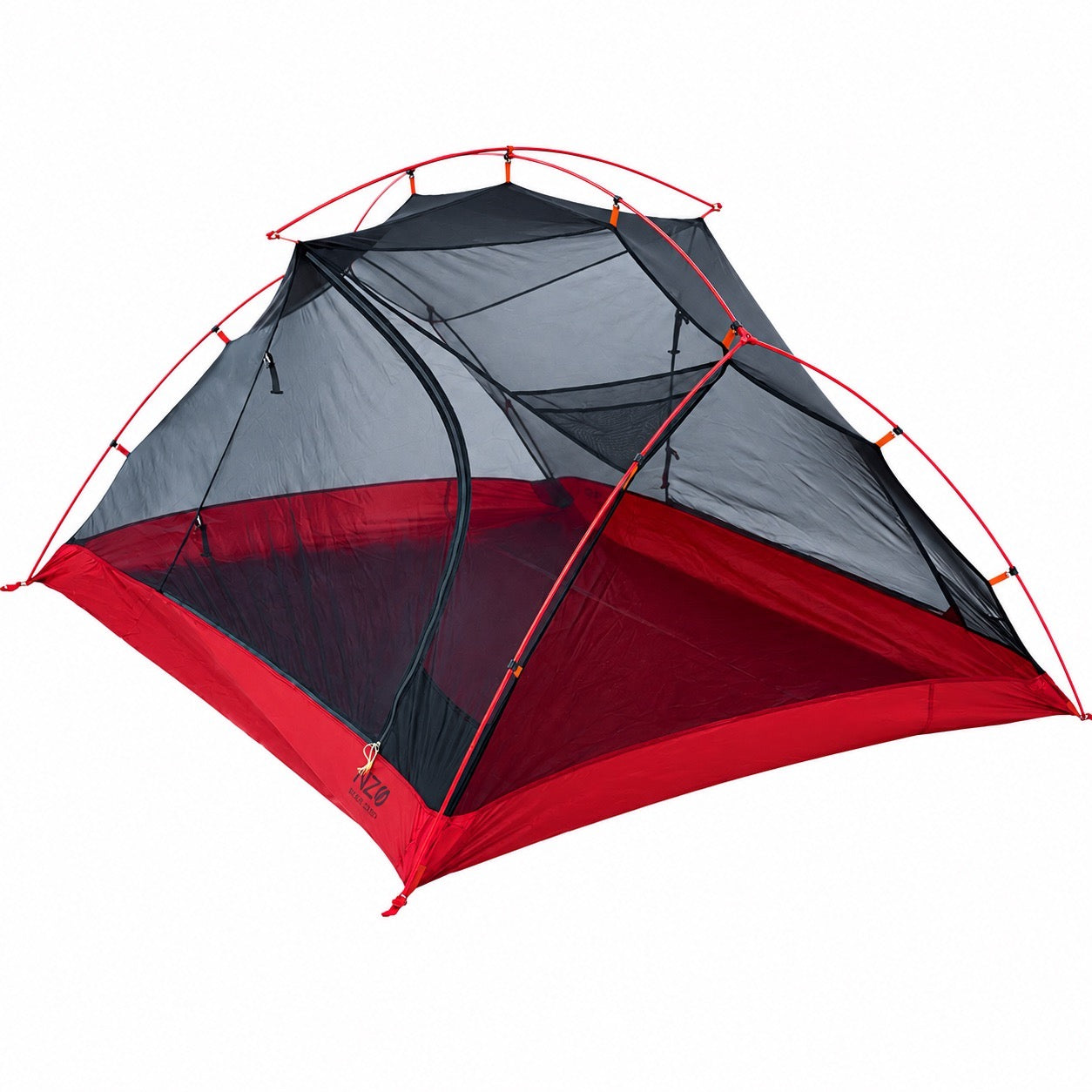 Near Zero Outdoor Gear 3P DynaLite Tent set up outdoors without rainfly, showing lightweight camping tent with mesh windows.