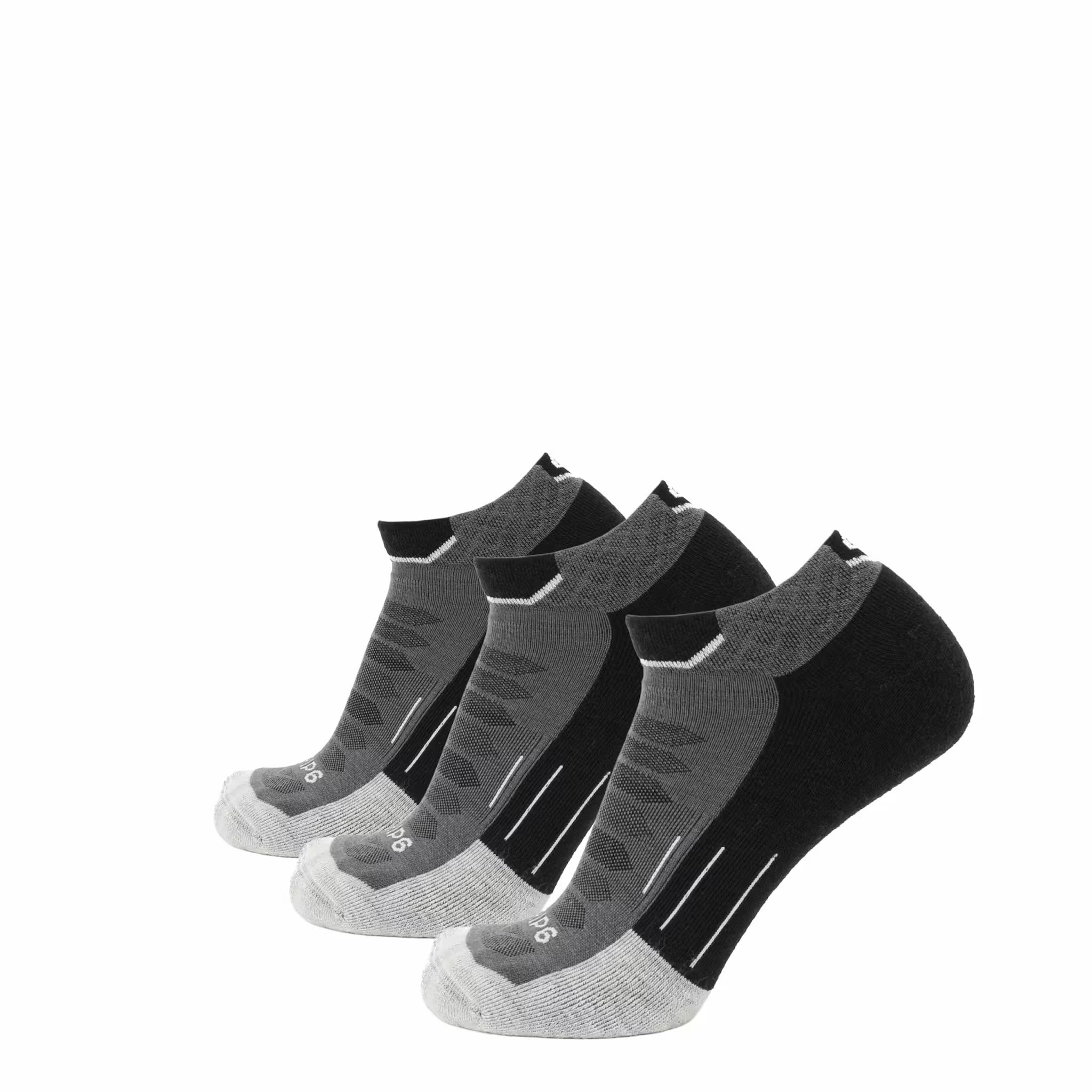 Three black GRIP6 Obsidian run ankle socks made of midweight Merino wool, ideal for running and outdoor activities.