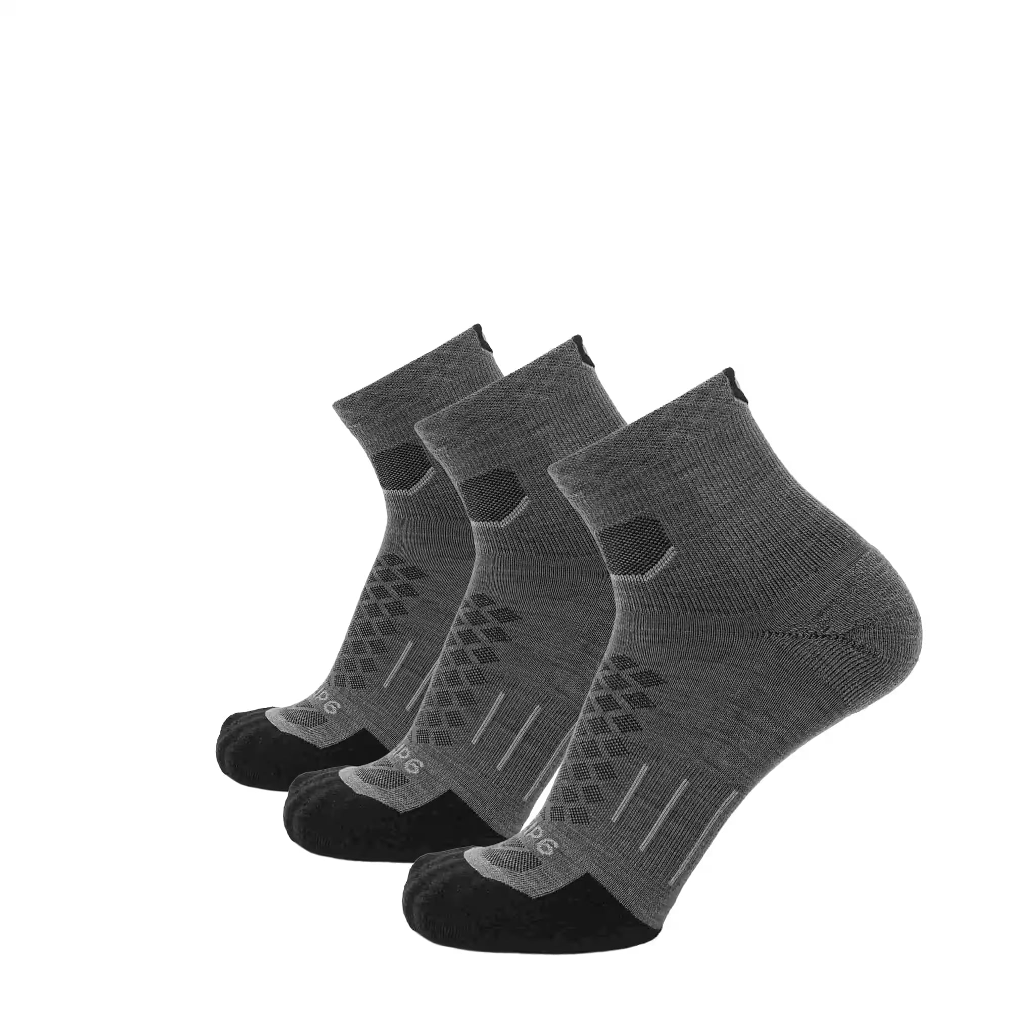 Three pairs of GRIP6 Tarmac Run 1/4 Crew Merino Wool Socks in a 3-pack, showcasing soft, comfortable athletic sock design.