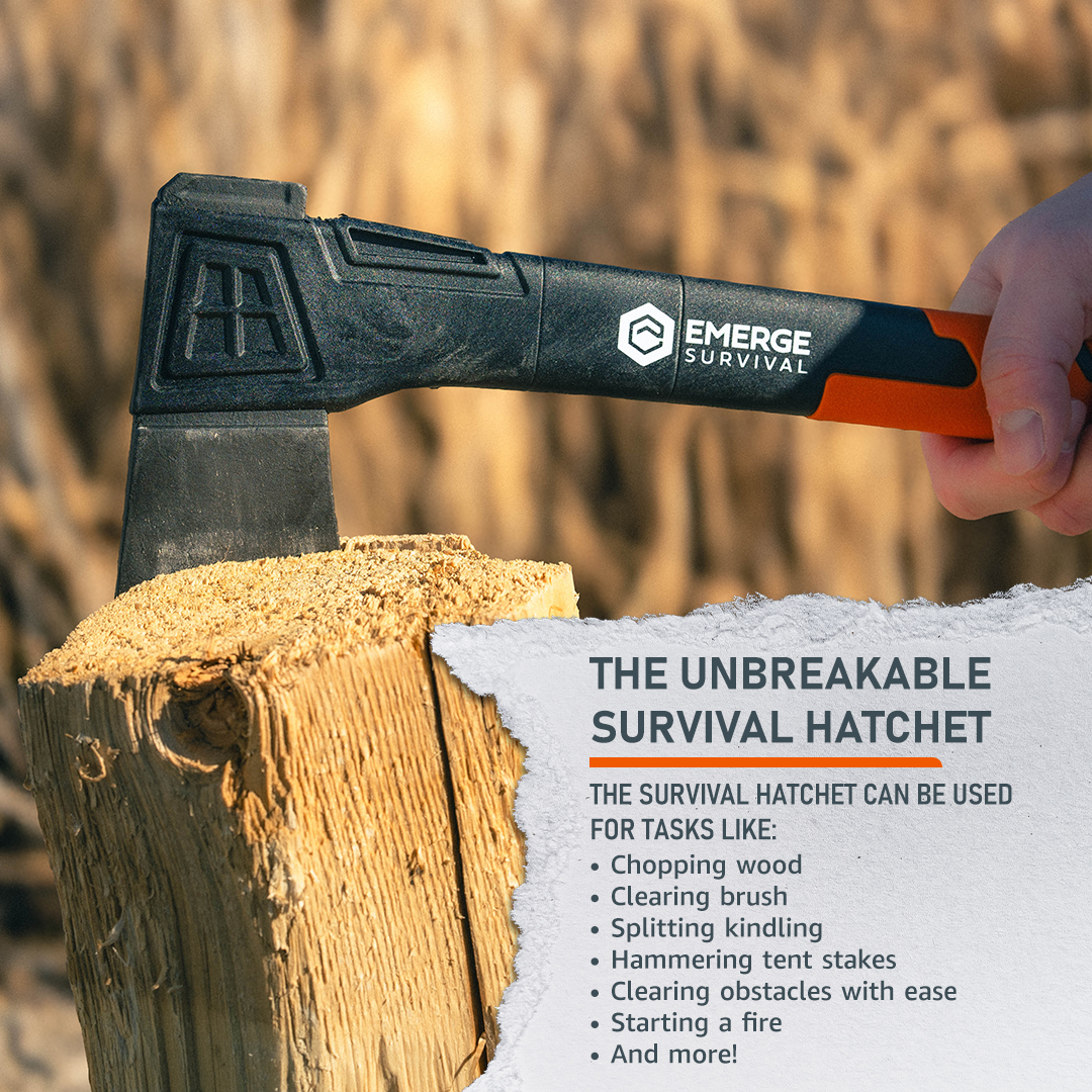 Emerge Survival survival hatchet with wooden handle and sharp metal blade for camping and outdoor use