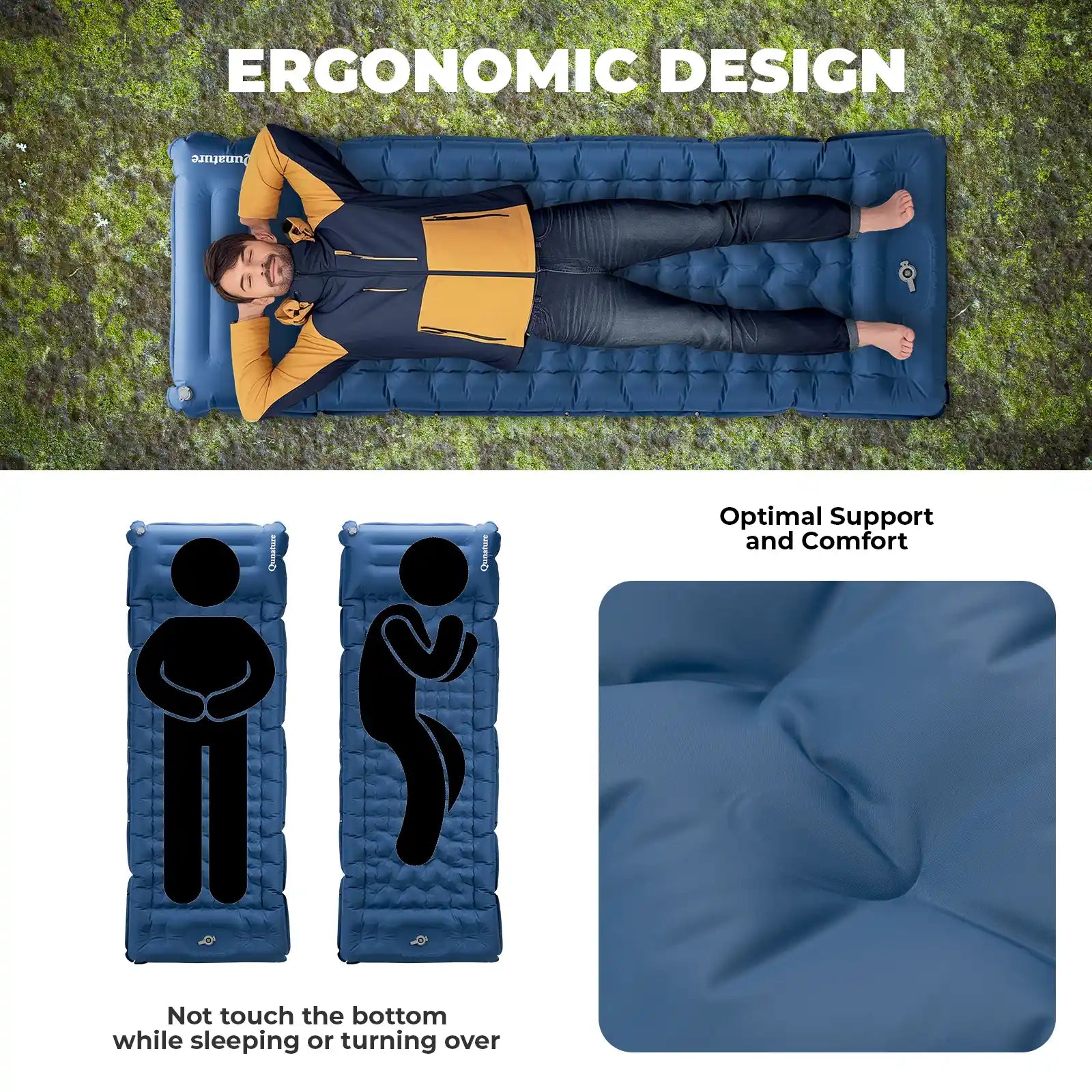 Qunature Global ultra-light inflatable sleeping pad with built-in pillow, ideal for outdoor camping and backpacking comfort