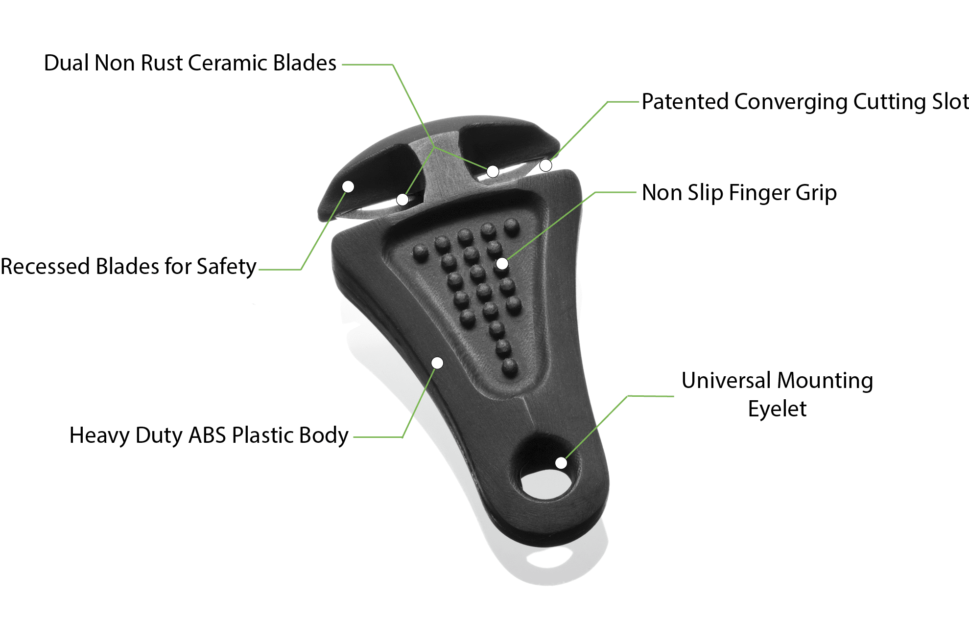 Glow-in-the-dark Line Cutterz zipper pull featuring a ceramic blade design for easy access and use.