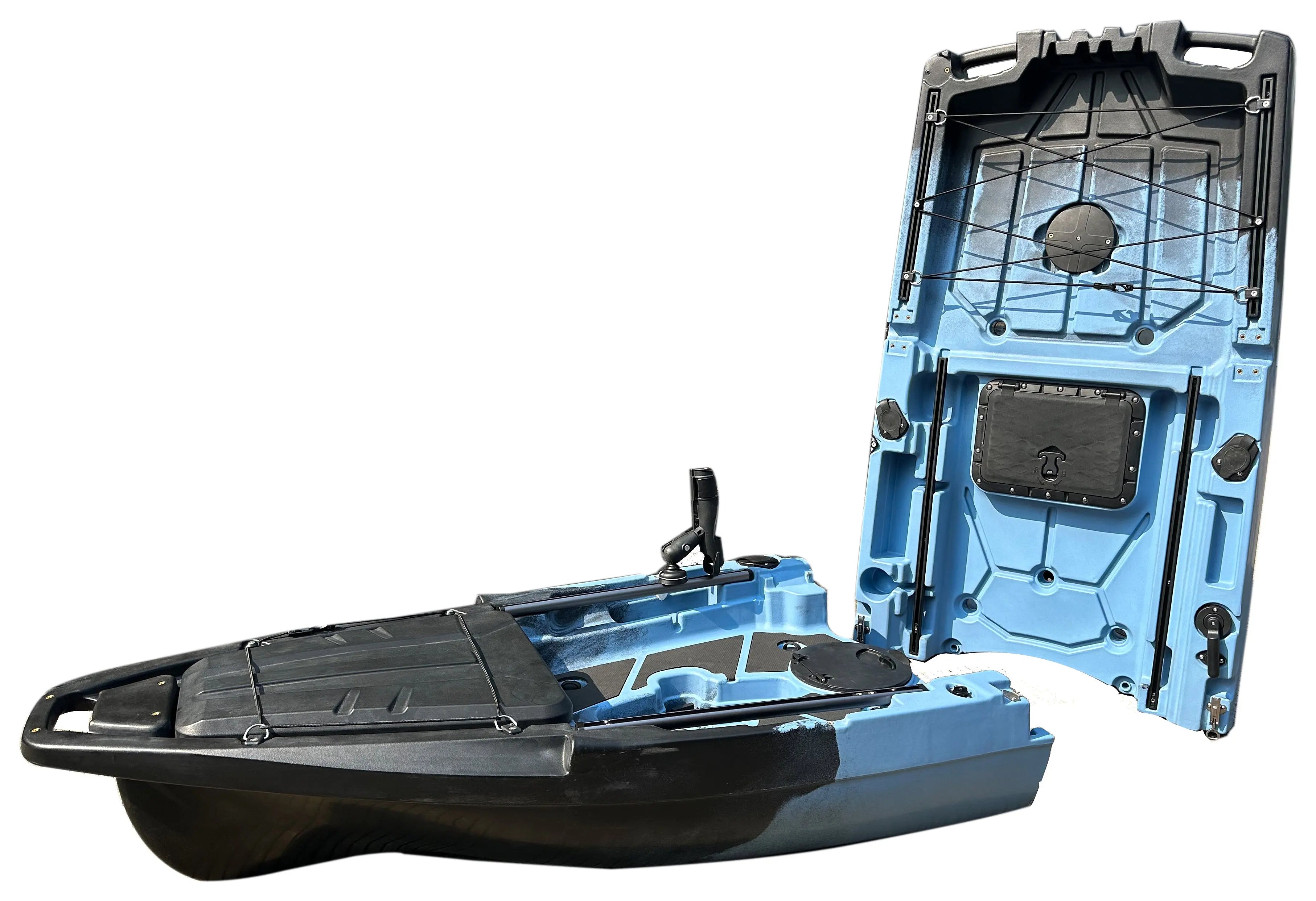 ReelYaks 10ft Recon Modular Fin Drive Pedal Fishing Kayak with 430lbs capacity, shown in a two-piece design on water.