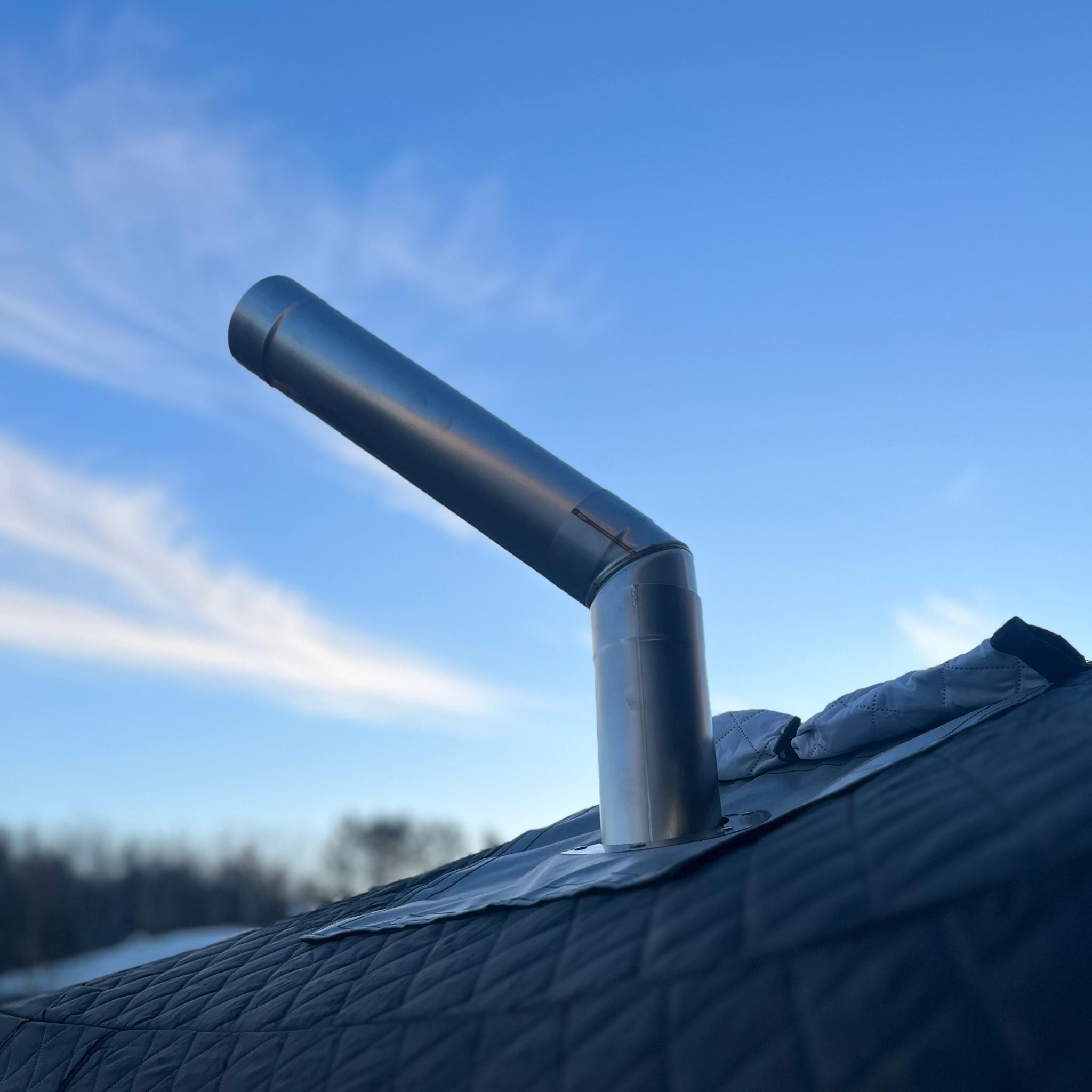 North Shore Sauna angled stove chimney pipe with 45-degree bend, 3.5-inch diameter showing the curved metal pipe and connection end.