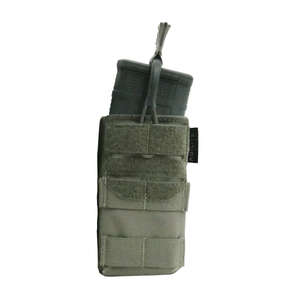 HCC Tactical AG1 5.56 single magazine pouch for rifle magazines, black nylon tactical gear with secure retention straps.