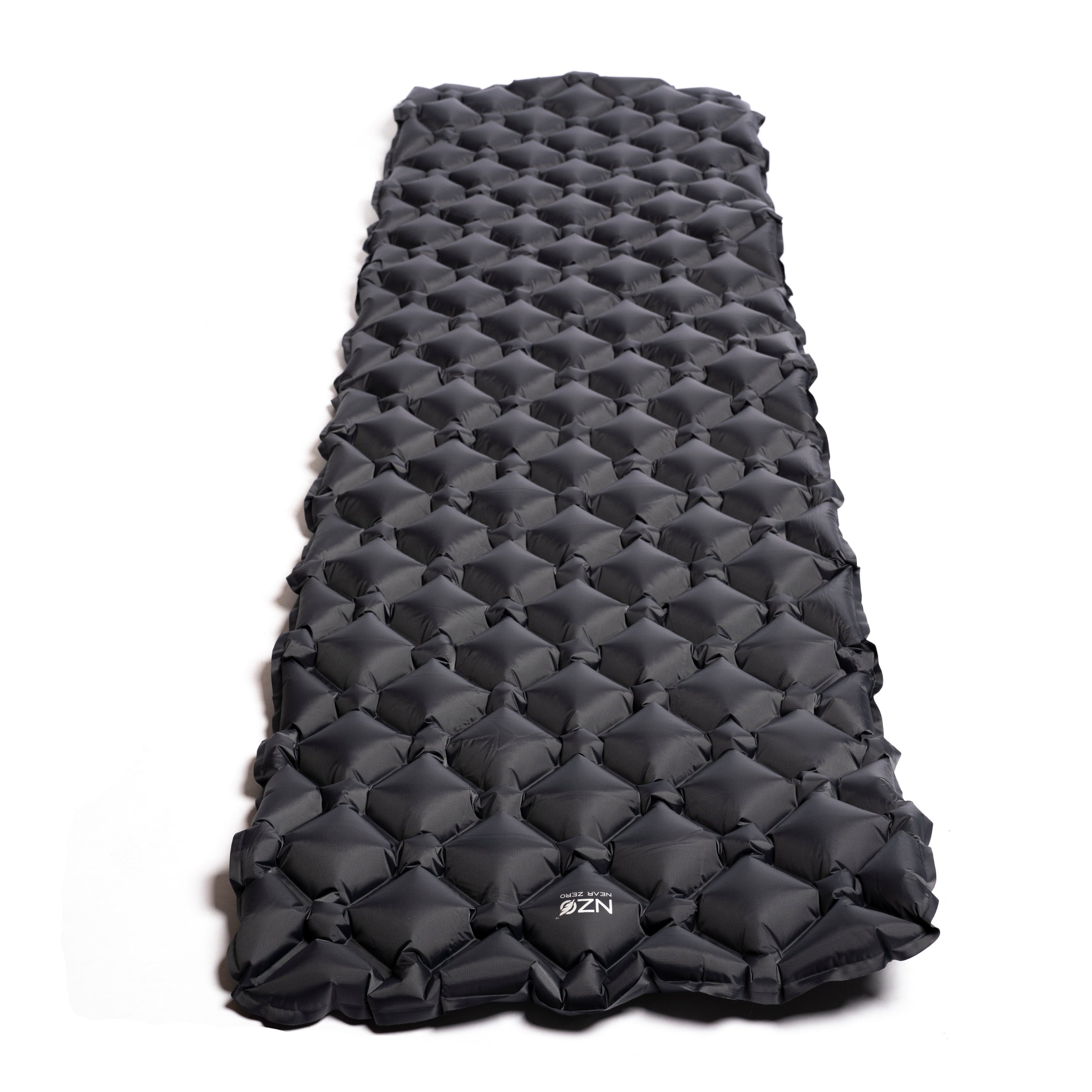 Inflatable summer sleeping pad by Near Zero Outdoor Gear with a blue and gray design, lightweight and portable for camping.