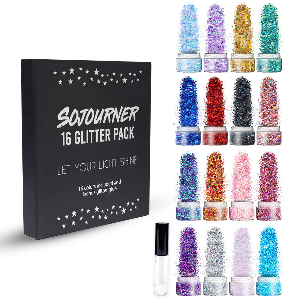 16 pack + 1 glitter glue Chunky Cosmetic Holographic Glitter | Body, Face & Hair Safe - OVERLANDERS Outfitter