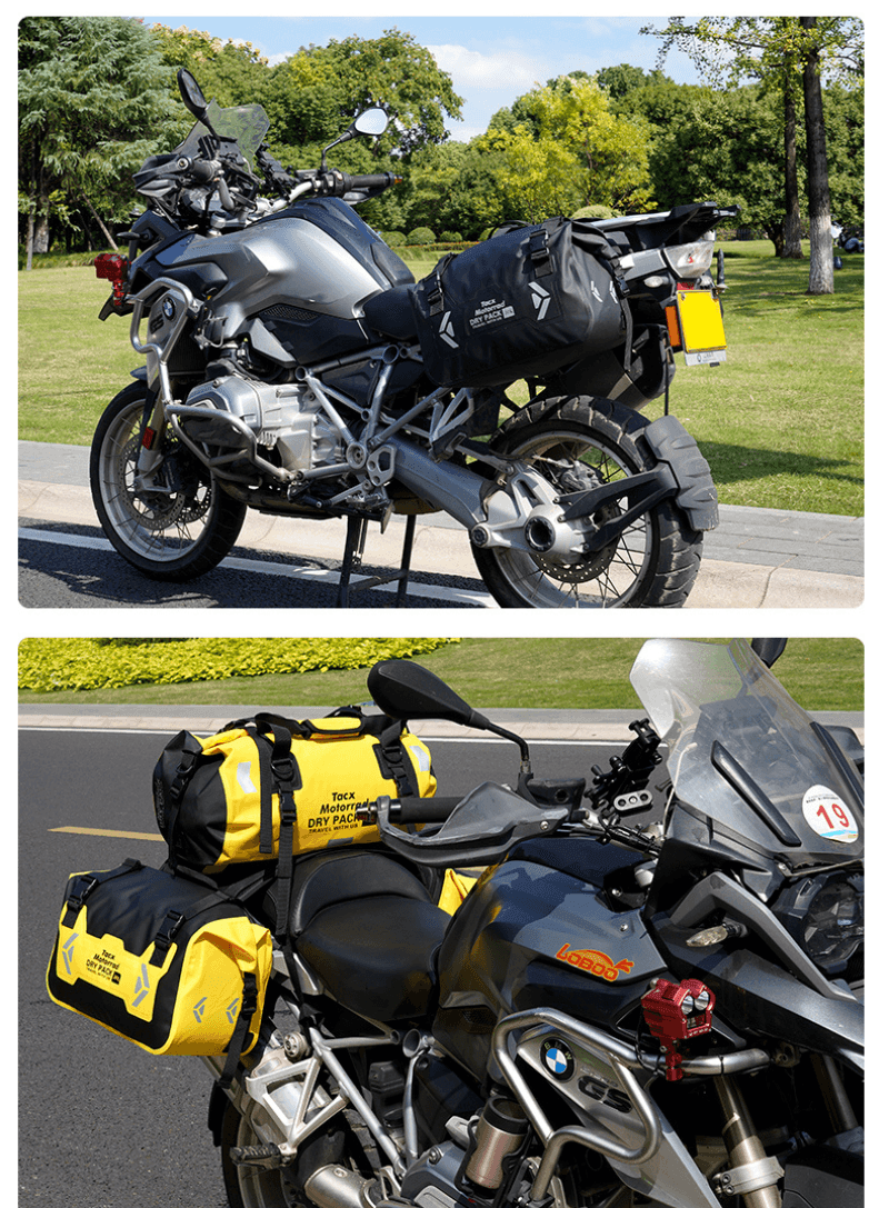 Bean's Moto Booth TACX™ 2-in-1 waterproof motorcycle saddlebag and pannier bag with detachable design, shown on a motorcycle.