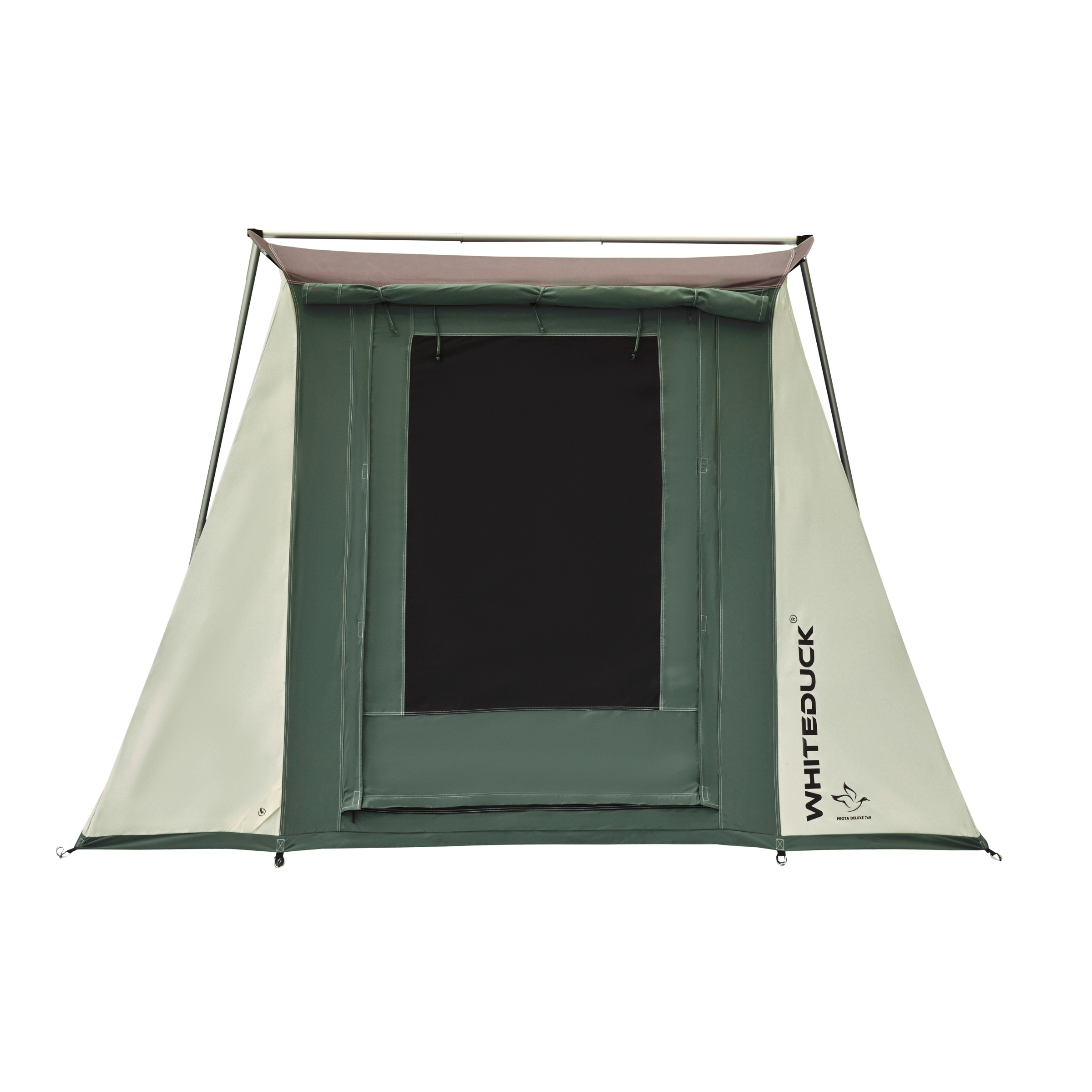 White Duck Outdoors Prota Canvas Cabin Tent 7x9 feet with deluxe features, shown set up with fabric walls and sturdy frame.