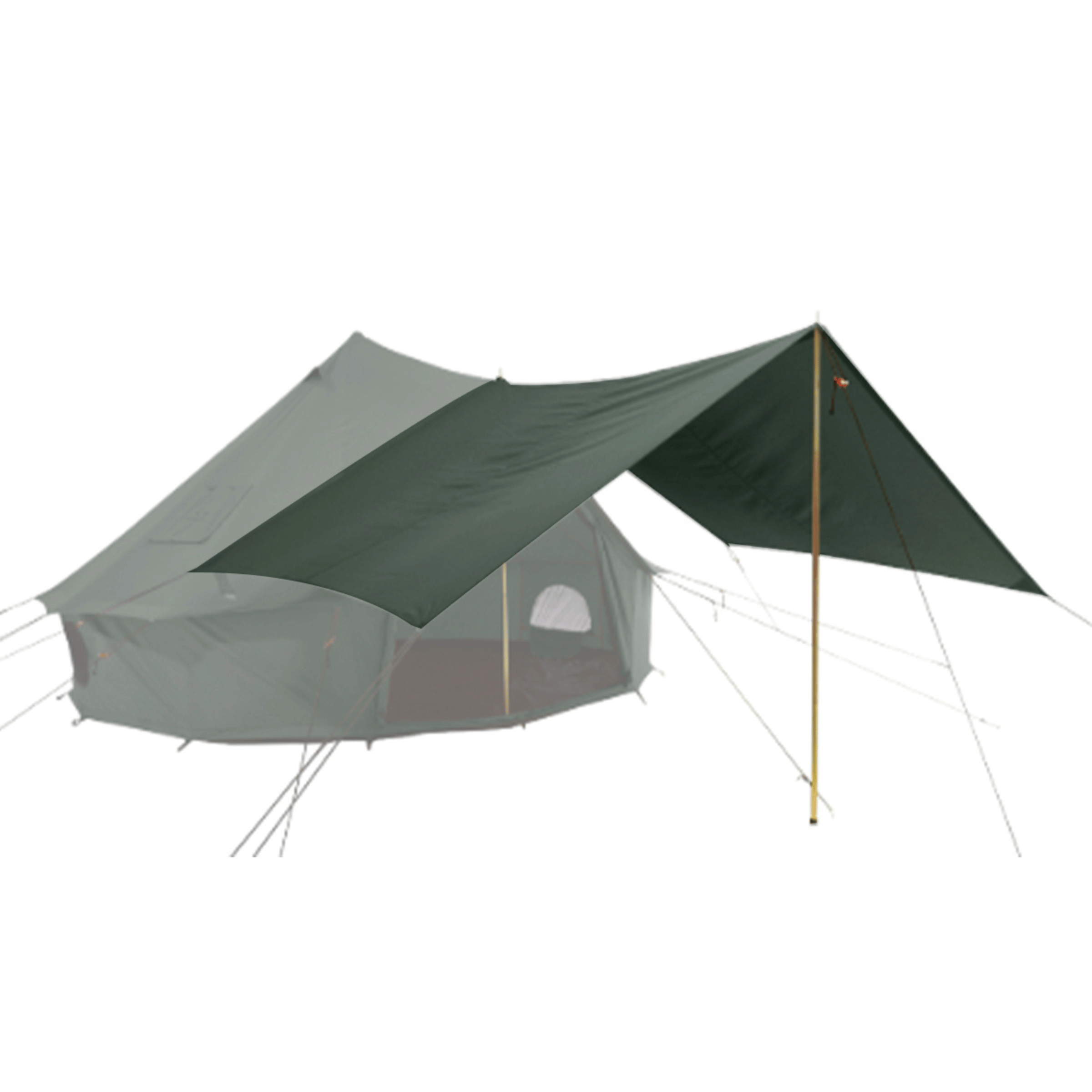 White Duck Outdoors Regatta awning attached to a bell tent, providing extra shaded outdoor shelter.