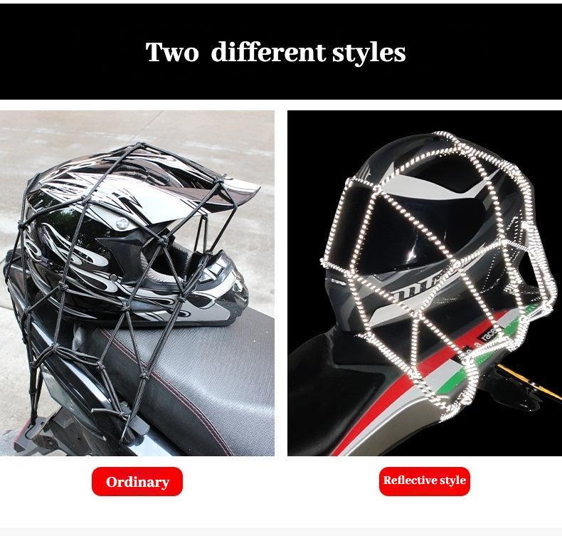 Bean's Moto Booth motorcycle helmet storage net attached to a motorcycle, designed for secure helmet organization while riding.