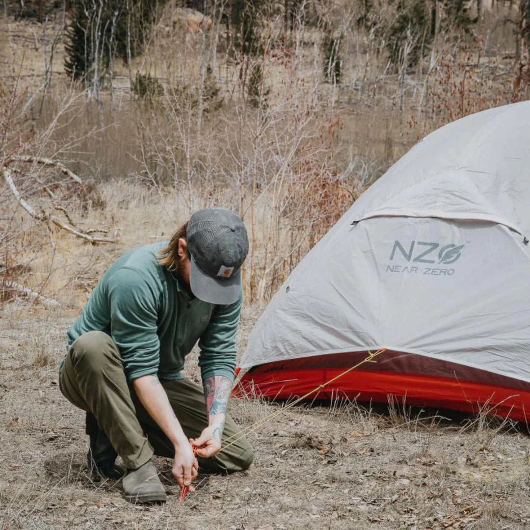 Near Zero Outdoor Gear 3P DynaLite Tent set up outdoors showing lightweight, durable camping tent with rainfly and mesh windows.