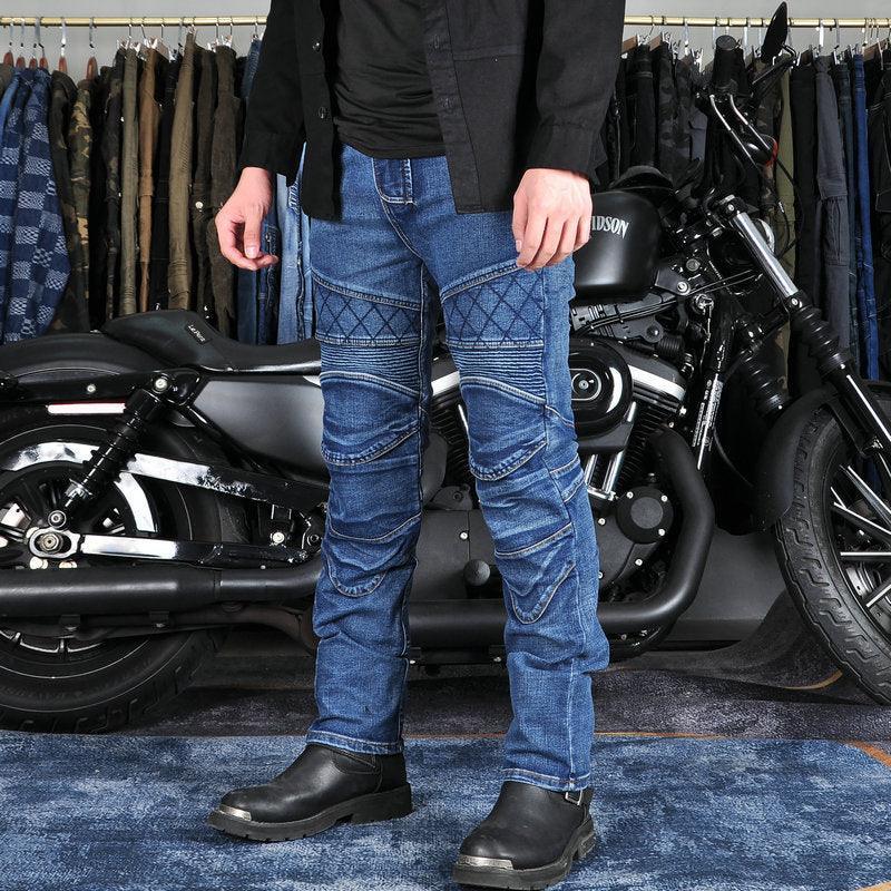 Men's LOONG BIKER™ Cross Fire Kevlar motorcycle jeans with reinforced panels and a sleek black design, designed for riding safety.
